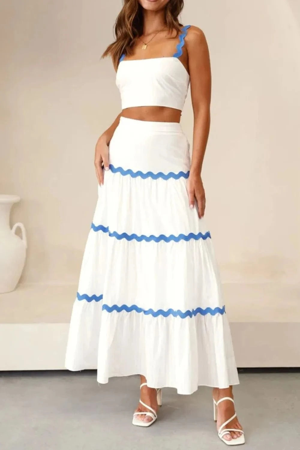 Trendsi Apparel & Accessories > Clothing > Swimwear White / S Contrast Trim Cami and Maxi Skirt Set Contrast Trim Cami and Maxi Skirt Set