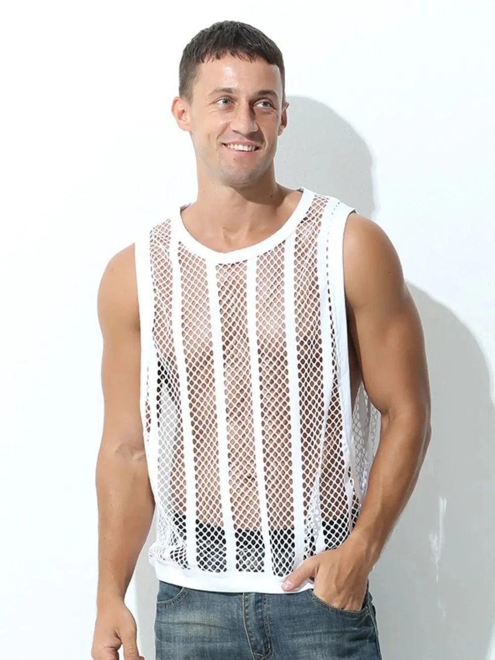 Trendsi Apparel & Accessories > Clothing > Swimwear White / S Men's Openwork Round Neck Tank Men's Openwork Round Neck Tank