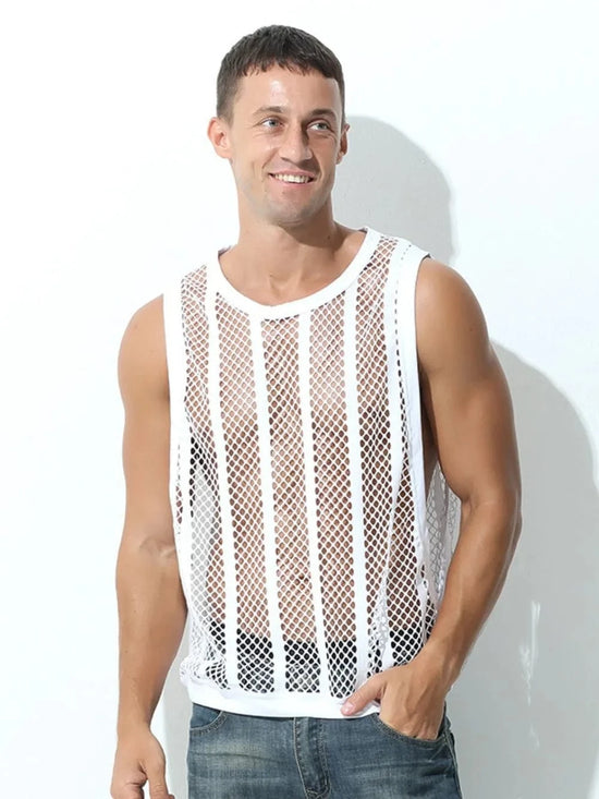 Trendsi Apparel & Accessories > Clothing > Swimwear White / S Men's Openwork Round Neck Tank Men's Openwork Round Neck Tank