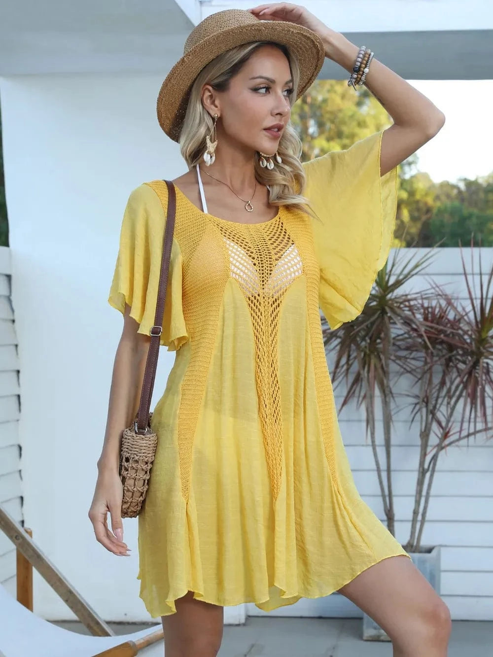 Trendsi Apparel & Accessories > Clothing > Swimwear Yellow / One Size Openwork Flutter Sleeve Cover-Up Dress Openwork Flutter Sleeve Cover-Up Dress