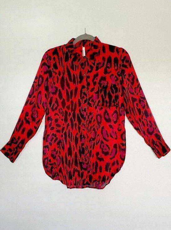 2023 Aguaclara Designer Red Black Animal Print Silk Blouse Shirt
