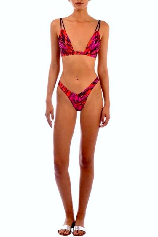 Load image into Gallery viewer, Aguaclara Swimwear Apparel &amp;amp; Accessories &amp;gt; Clothing &amp;gt; Swimwear Large / Large / Print Aguaclara Swimwear Plumaje Rojo Fixed Triangle Top &amp;amp; Cheeky Bottom Set Aguaclara Swimwear Plumaje Rojo Fixed Halter Triangle Top &amp;amp; Bottom Set
