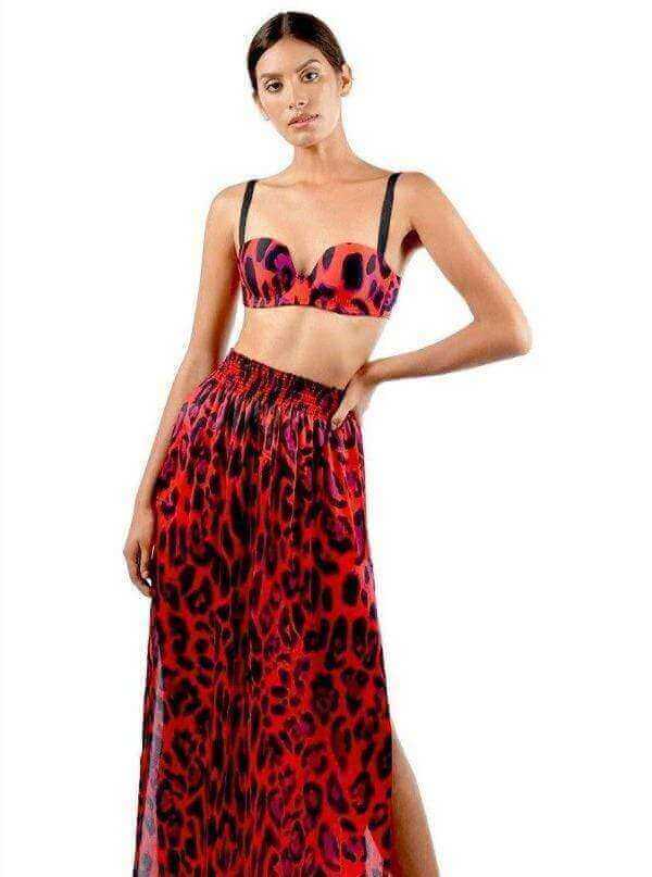 Aguaclara Swimwear Apparel & Accessories > Clothing > Swimwear One Size / Red Aguaclara Swimwear Jaguar Rojo Red Long Skirt Aguaclara Swimwear Red Leopard Jaguar Rojo 1110 Long Silk Skirt