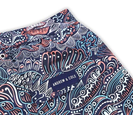 Load image into Gallery viewer, Andrew &amp;amp; Cole Apparel &amp;amp; Accessories &amp;gt; Clothing &amp;gt; Swimwear Men&amp;#39;s Blue Paisley Pattern Print Swim Trunk Shorts 2023 Andrew Cole Men&amp;#39;s Designer Blue Paisley Pattern Swim Trunks
