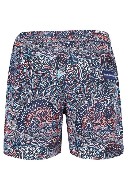 Andrew & Cole Apparel & Accessories > Clothing > Swimwear Men's Blue Paisley Pattern Print Swim Trunk Shorts 2023 Andrew Cole Men's Designer Blue Paisley Pattern Swim Trunks