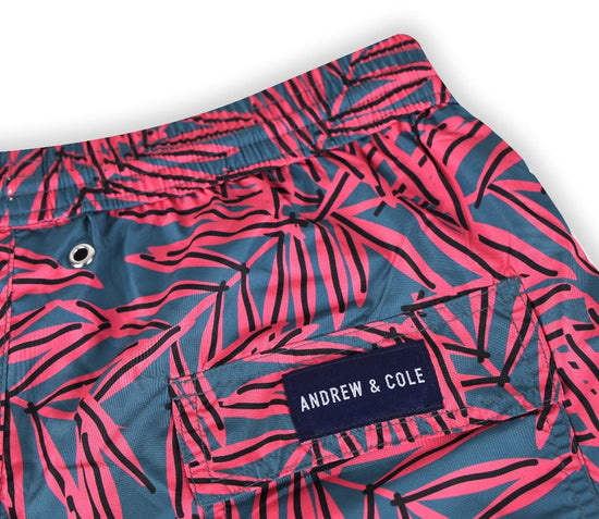 Andrew & Cole Apparel & Accessories > Clothing > Swimwear Men's Blue Palm Print Swim Trunk Shorts 2023 Andrew & Cole Men's Designer Blue Pink Palm Leaf Swim Trunks