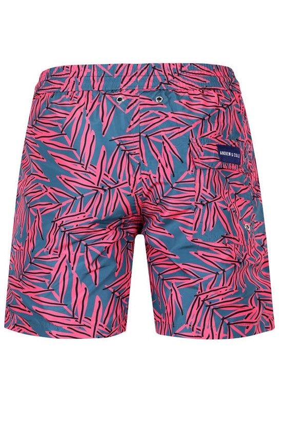 Andrew & Cole Apparel & Accessories > Clothing > Swimwear Men's Blue Palm Print Swim Trunk Shorts 2023 Andrew & Cole Men's Designer Blue Pink Palm Leaf Swim Trunks
