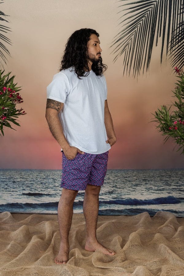 Load image into Gallery viewer, Andrew &amp;amp; Cole Apparel &amp;amp; Accessories &amp;gt; Clothing &amp;gt; Swimwear Men&amp;#39;s Blue &amp;amp; Pink Dayiras Print Swim Trunk Shorts 2023 Andrew &amp;amp; Cole Men&amp;#39;s Designer Blue Pink Dayiras Swim Trunks

