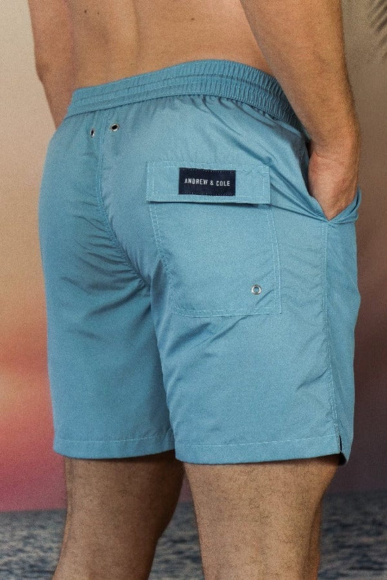 Load image into Gallery viewer, Andrew &amp;amp; Cole Apparel &amp;amp; Accessories &amp;gt; Clothing &amp;gt; Swimwear Men&amp;#39;s Petrol Blue Swim Trunk Shorts 2023 Andrew Cole Men&amp;#39;s Designer Petrol Blue Swim Trunks Shorts
