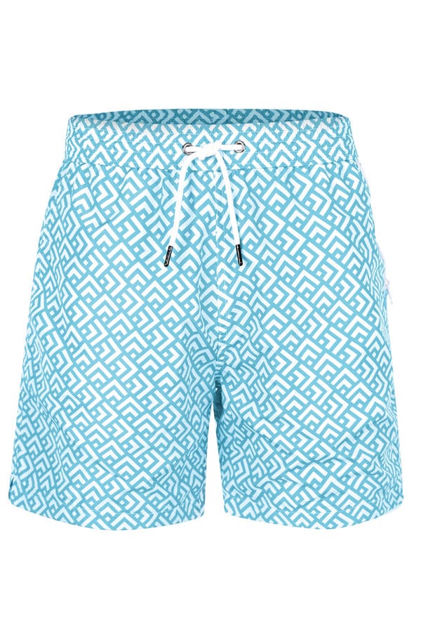 Load image into Gallery viewer, Andrew &amp;amp; Cole Apparel &amp;amp; Accessories &amp;gt; Clothing &amp;gt; Swimwear Small / Blue Men&amp;#39;s Rivea Light Blue Print Swim Trunk Shorts 2023 Andrew &amp;amp; Cole Men&amp;#39;s Rivea Light Blue  Designer Swim Trunks
