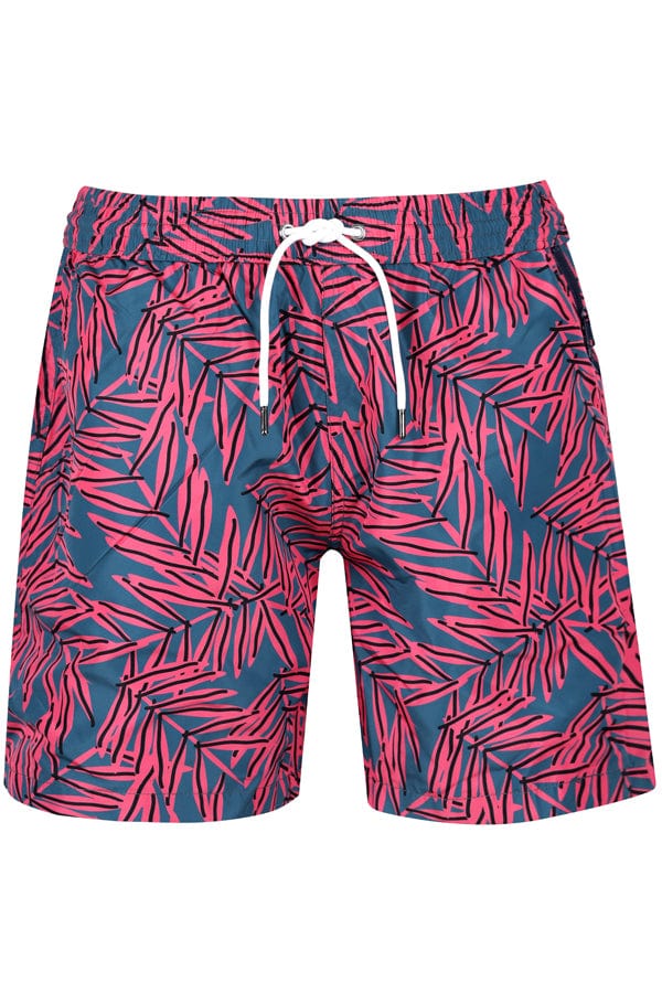 Load image into Gallery viewer, Andrew &amp;amp; Cole Apparel &amp;amp; Accessories &amp;gt; Clothing &amp;gt; Swimwear Small / Print Men&amp;#39;s Blue Palm Print Swim Trunk Shorts 2023 Andrew &amp;amp; Cole Men&amp;#39;s Designer Blue Pink Palm Leaf Swim Trunks
