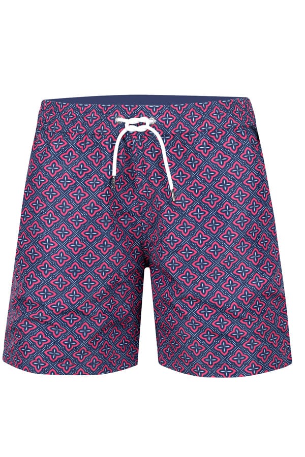 Load image into Gallery viewer, Andrew &amp;amp; Cole Apparel &amp;amp; Accessories &amp;gt; Clothing &amp;gt; Swimwear Small / Print Men&amp;#39;s Blue &amp;amp; Pink Dayiras Print Swim Trunk Shorts 2023 Andrew &amp;amp; Cole Men&amp;#39;s Designer Blue Pink Dayiras Swim Trunks
