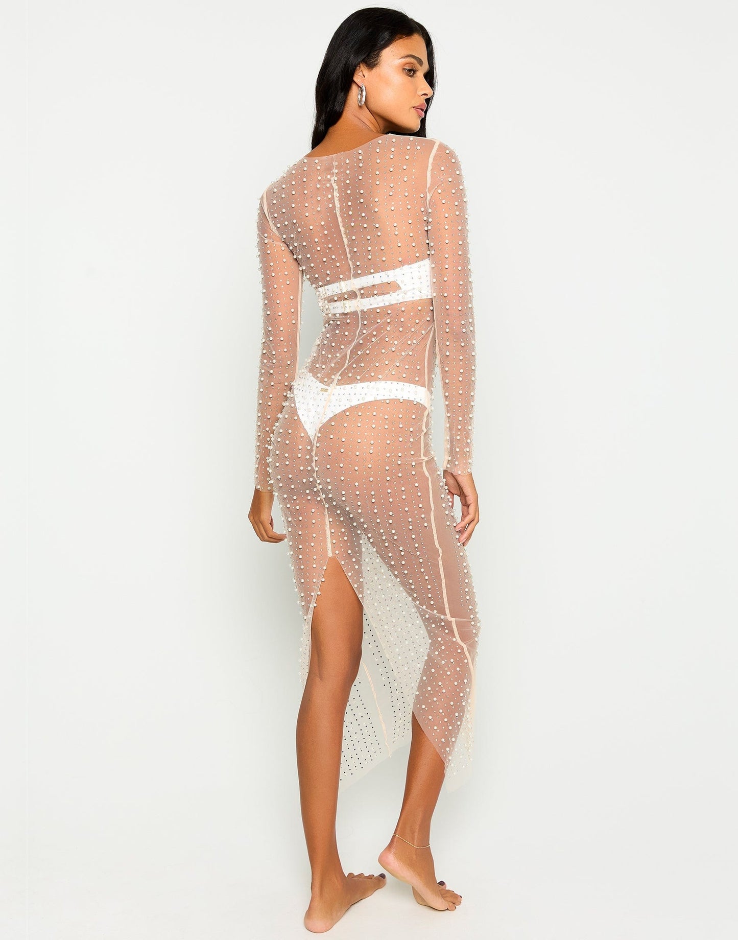 Beach Bunny Apparel & Accessories > Clothing > Dresses Beach Bunny Nude Champagne Nights Mesh Cover-up Dress 2022 Beach Bunny Black Late Nights Pearl Mesh Cardigan