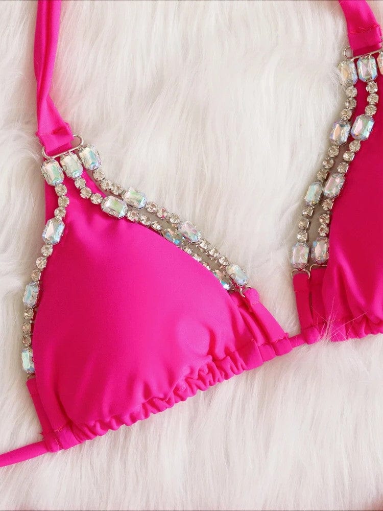 Load image into Gallery viewer, Beach Bunny Apparel &amp;amp; Accessories &amp;gt; Clothing &amp;gt; Swimwear Luxury Hot Pink w/ Rhinestone Triangle Top &amp;amp; Cheeky Bottom Set 2023 Luxury Hot Pink Rhinestone Hardware Triangle Cheeky Bikini
