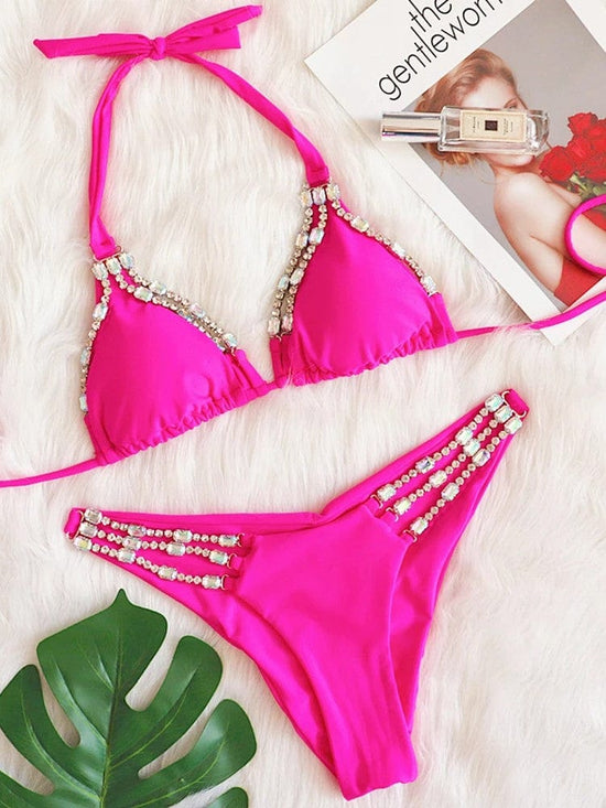 Load image into Gallery viewer, Beach Bunny Apparel &amp;amp; Accessories &amp;gt; Clothing &amp;gt; Swimwear Small / Small / Pink Luxury Hot Pink w/ Rhinestone Triangle Top &amp;amp; Cheeky Bottom Set 2023 Luxury Hot Pink Rhinestone Hardware Triangle Cheeky Bikini
