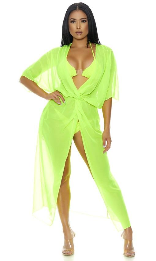 Forplay Apparel & Accessories > Clothing > Swimwear 3 Pc. Neon Green Bikini Set & Sheer Mesh Long Cover-Up Resort Wear Neon Pink Orange Green Yellow Sheer Mesh Long Cover Up Forplay 440332