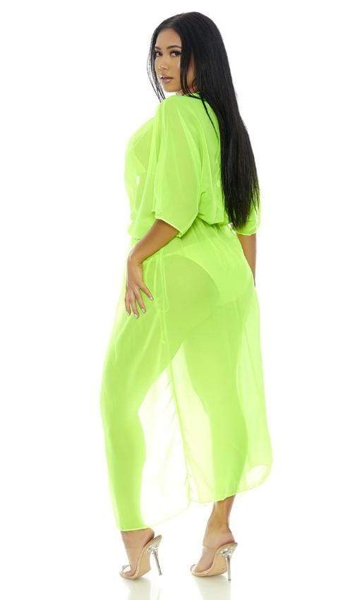 Load image into Gallery viewer, Forplay Apparel &amp;amp; Accessories &amp;gt; Clothing &amp;gt; Swimwear Large / Green 3 Pc. Neon Green Bikini Set &amp;amp; Sheer Mesh Long Cover-Up Resort Wear Neon Pink Orange Green Yellow Sheer Mesh Long Cover Up Forplay 440332
