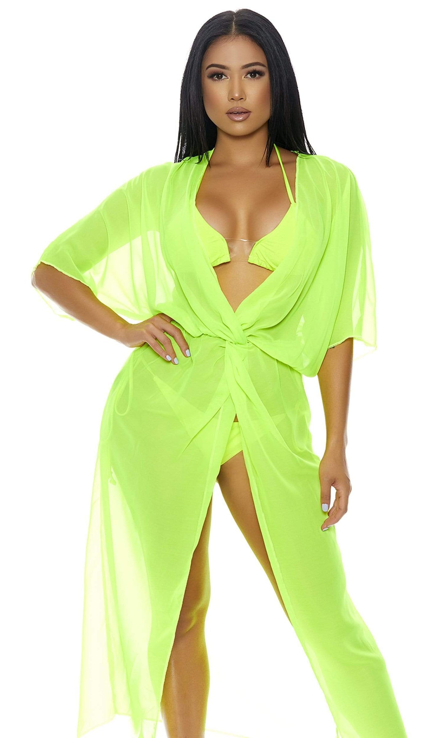 Load image into Gallery viewer, Forplay Apparel &amp;amp; Accessories &amp;gt; Clothing &amp;gt; Swimwear Large / Green 3 Pc. Neon Green Bikini Set &amp;amp; Sheer Mesh Long Cover-Up Resort Wear Neon Pink Orange Green Yellow Sheer Mesh Long Cover Up Forplay 440332
