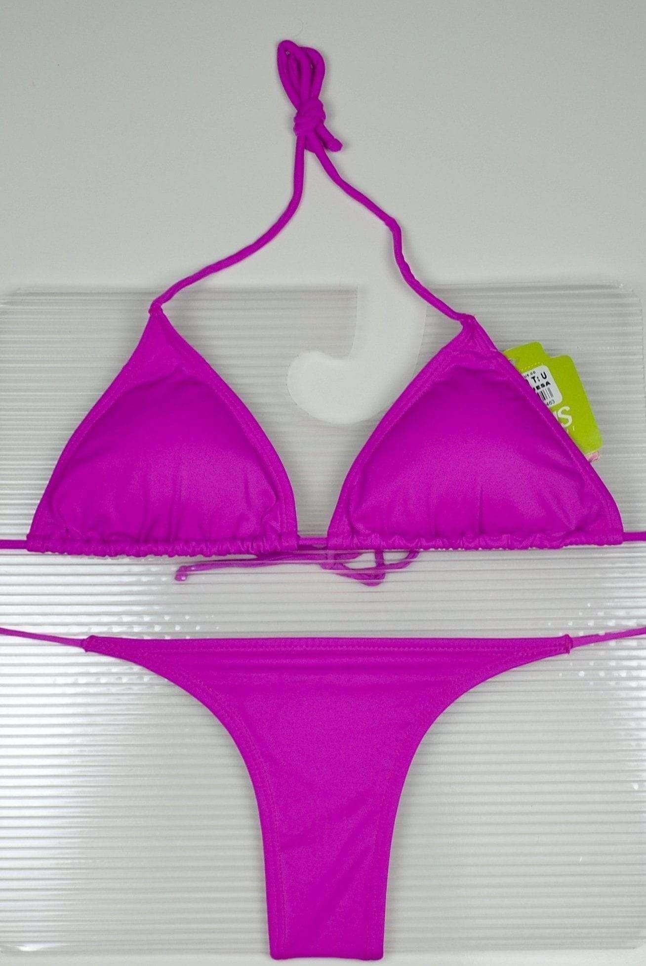 Irgus Swimwear Apparel & Accessories > Clothing > Swimwear One Size / Purple Black 3 Piece Set Triangle Top, Side Tie Thong & Side Tie Scrunch Bottom Bikini Swimsuit (Many colors available) Irgus Hot Pink Thong G-String Scrunch Bikini Swimsuit | SHOP NOW