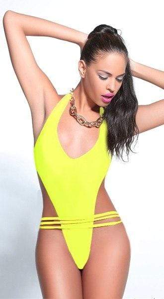 Load image into Gallery viewer, Lila Nikole Apparel &amp;amp; Accessories &amp;gt; Clothing &amp;gt; Swimwear Medium / Yellow Lila Nikole Bungee One Piece Swimsuit with Brazilian Cut Bottom
