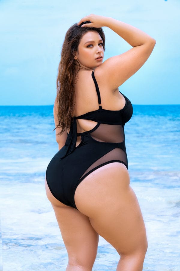 Load image into Gallery viewer, Mapale Apparel &amp;amp; Accessories &amp;gt; Clothing &amp;gt; Swimwear Black Mesh Cutout Underwire &amp;amp; Tie Back One Piece Swimsuit Plus Size 2023 Sexy Black Mesh Underwire One Piece Swimsuit Plus Size
