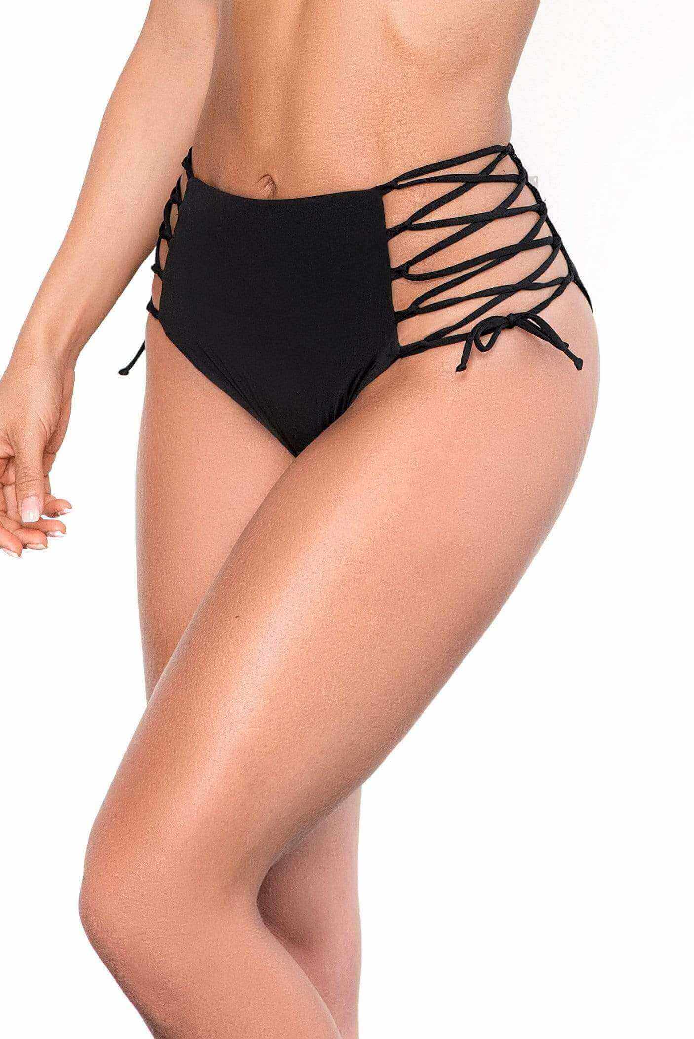 Mapale Apparel & Accessories > Clothing > Swimwear Black / S/M Black Strap Side Tie High Waist Bottom Separates (Many colors available) Black Strap Side Tie High Waist Bottom Separates | MAPALE 6649