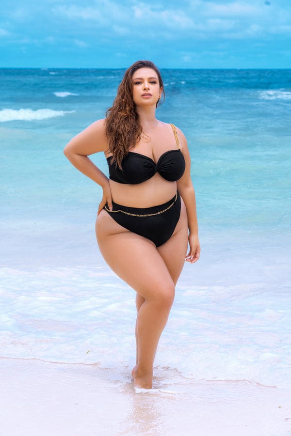 Load image into Gallery viewer, Mapale Apparel &amp;amp; Accessories &amp;gt; Clothing &amp;gt; Swimwear Black Twist Bandeau Top w/ Gold Chain Strap &amp;amp; High Waist Cheeky Bottom Swimsuit Plus Size 2023 Sexy Black Bandeau High Waist Bottom Swimsuit Plus Size
