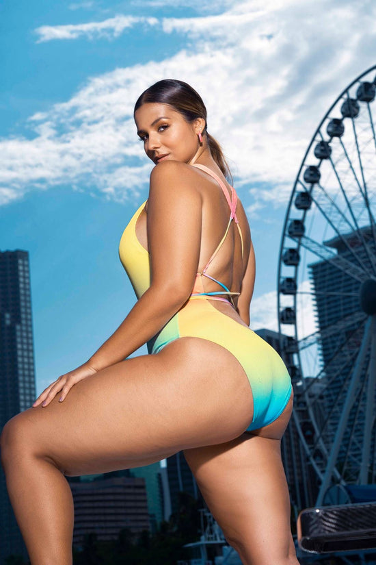 Load image into Gallery viewer, Mapale Apparel &amp;amp; Accessories &amp;gt; Clothing &amp;gt; Swimwear Yellow &amp;amp; Blue Ombre Print Deep Plunge One Piece Swimsuit Plus Size 2022 Yellow Blue Ombre Plunge One Piece Swimsuit MAPALE 6687X
