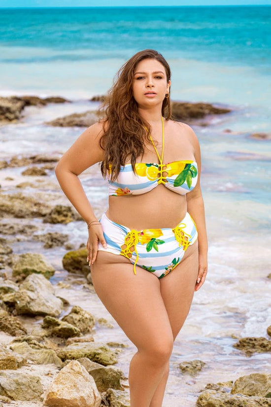 Mapale Apparel & Accessories > Clothing > Swimwear Yellow Citrus Print Reversible Bandeau Top & High Waist Bottom Swimsuit Plus Size 2023 Sexy Yellow Citrus Print Bandeau Top High Waist Plus Size