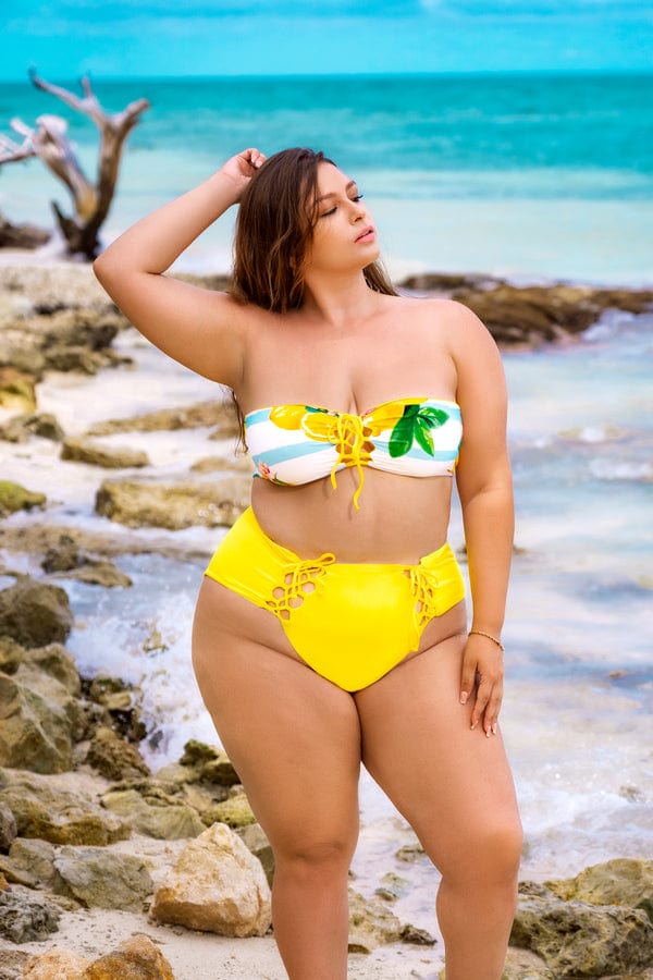 Yellow Citrus Print Reversible Bandeau Top & High Waist Bottom Swimsuit  Plus Size
