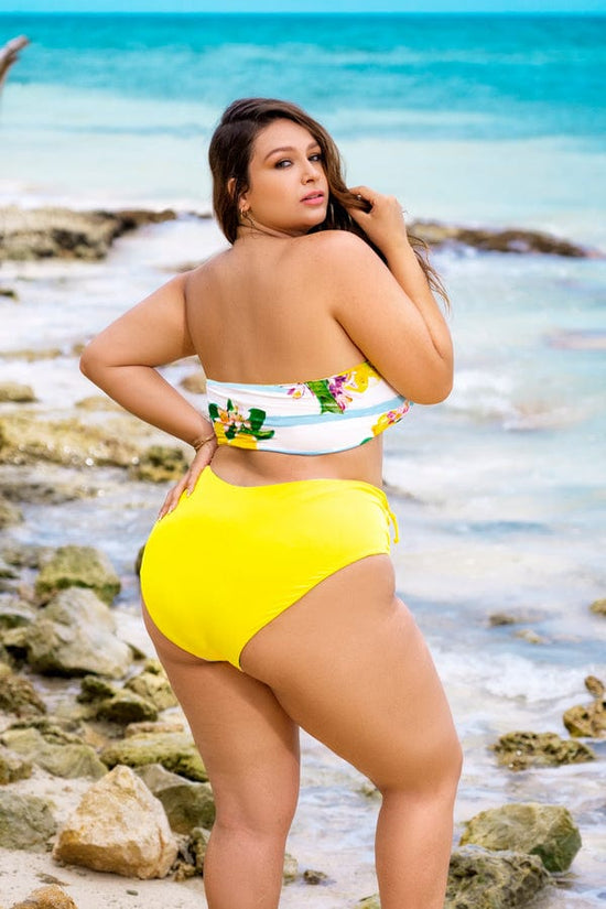Mapale Apparel & Accessories > Clothing > Swimwear Yellow Citrus Print Reversible Bandeau Top & High Waist Bottom Swimsuit Plus Size 2023 Sexy Yellow Citrus Print Bandeau Top High Waist Swimsuit