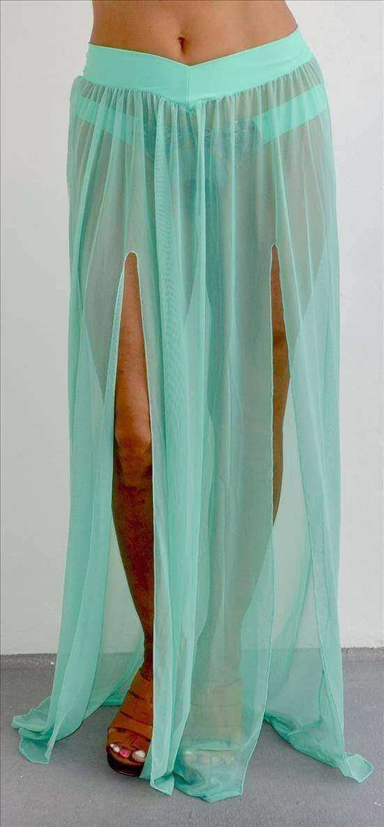 Montce Swimwear Apparel & Accessories > Clothing > Skirts One Size / Green Montce Swim Mint Green Mesh Long Elastic Waist Skirt with Front Slits
