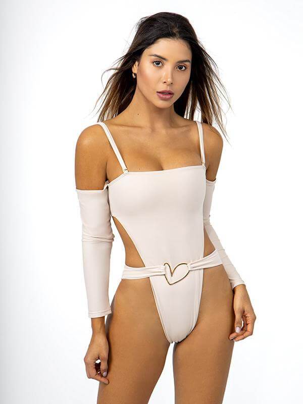 Load image into Gallery viewer, Montoya Apparel &amp;amp; Accessories &amp;gt; Clothing &amp;gt; One Pieces &amp;gt; Jumpsuits &amp;amp; Rompers Small / Nude Liliana Montoya Xenia Gold Monokini One Piece Swimsuit Liliana Montoya Xenia Gold Monokini Designer One Piece Swimsuit T117/G
