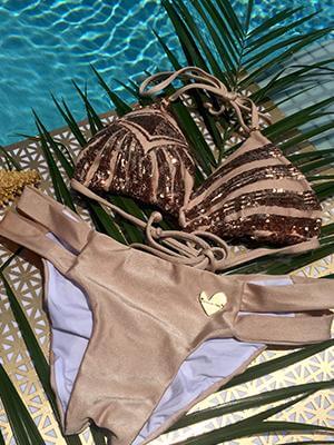 Montoya Apparel & Accessories > Clothing > Swimwear Liliana Montoya Swim B056SB6C Brown / Cream Sequin Triangle Top and Double Strap Bottom Swimwear Set
