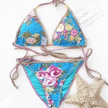 Montoya Apparel & Accessories > Clothing > Swimwear Liliana Montoya Swim B059BL Dana Blue Floral Embroidered Triangle Top & Tie Side Swimwear Set