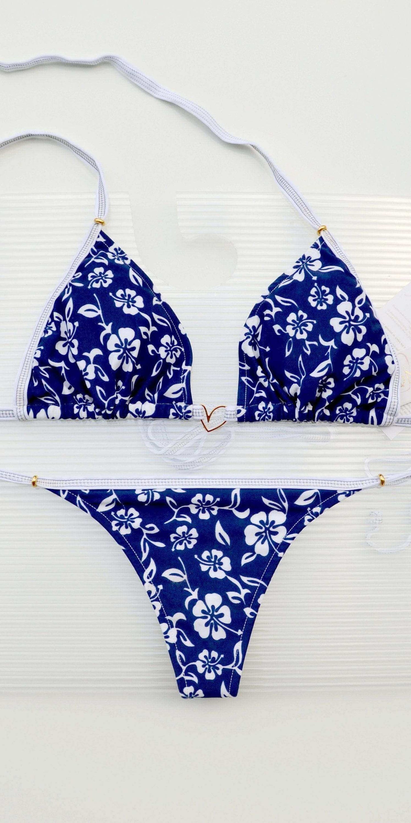 Montoya Apparel & Accessories > Clothing > Swimwear One Size / Print Liliana Montoya Swim Bikini Brasilerita Blue w/ White Flower Print Triangle Top & Micro Thong Bottom