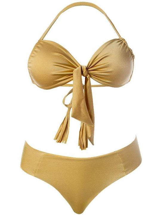 Load image into Gallery viewer, Montoya Apparel &amp;amp; Accessories &amp;gt; Clothing &amp;gt; Swimwear Small / Small / Gold Liliana Montoya GAiA Gold Front Tie Bandeau Top &amp;amp; Cheeky Bottom Set
