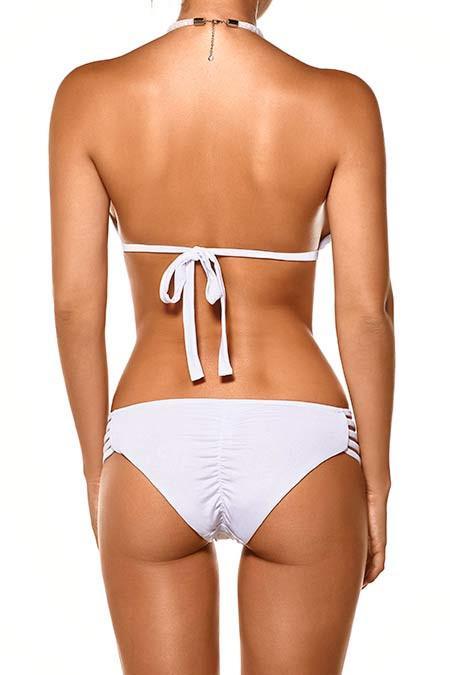 Load image into Gallery viewer, Notorious Swimwear Apparel &amp;amp; Accessories &amp;gt; Clothing &amp;gt; Swimwear Notorious Swimwear Envy White Halter Top &amp;amp; Strappy Cheeky Scrunch Bottom w/ Swarovski Crystal Accents Bikini Set
