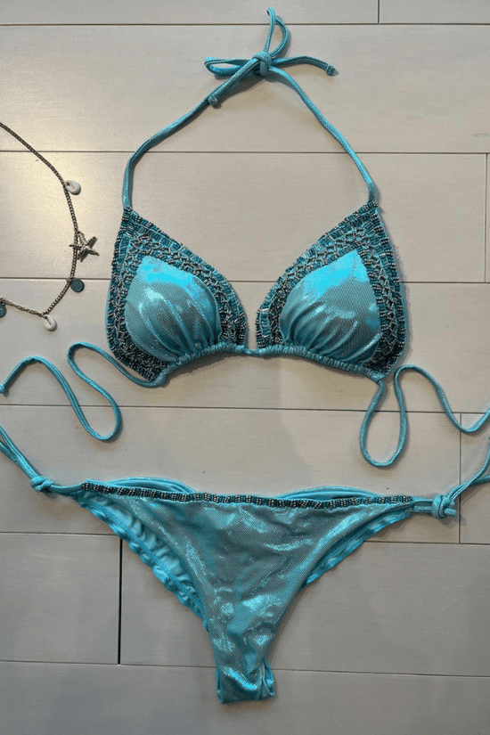 2024 Sexy ShyleeQ Swimwear Blue Metallic Beaded Bikini