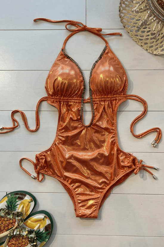 ShyleeQ Apparel & Accessories > Clothing > Swimwear Sexy Orange Metallic Beaded Deep V-Neck Trikini 2022 Sexy ShyleeQ Swimwear Brown Metallic Beaded Bikini
