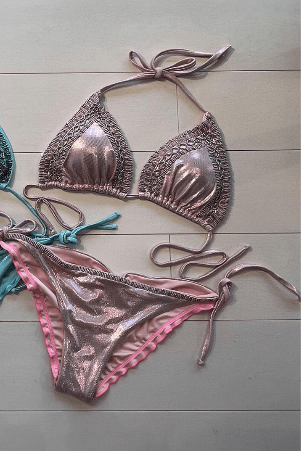 ShyleeQ Apparel & Accessories > Clothing > Swimwear Sexy Pink Metallic Beaded Triangle Top & Cheeky Tie Side Bikini 2022 Sexy ShyleeQ Swimwear Blue Metallic Beaded Bikini