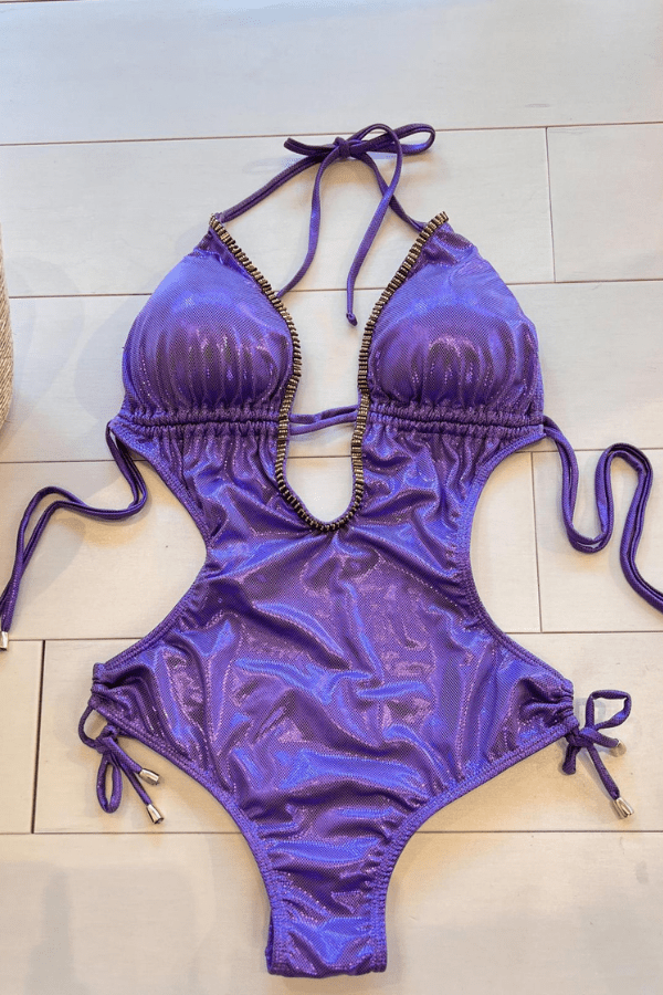 Load image into Gallery viewer, ShyleeQ Apparel &amp;amp; Accessories &amp;gt; Clothing &amp;gt; Swimwear Sexy Purple Metallic Beaded Deep V-Neck Trikini 2022 Sexy ShyleeQ Swimwear Orange Metallic Beaded Trikini
