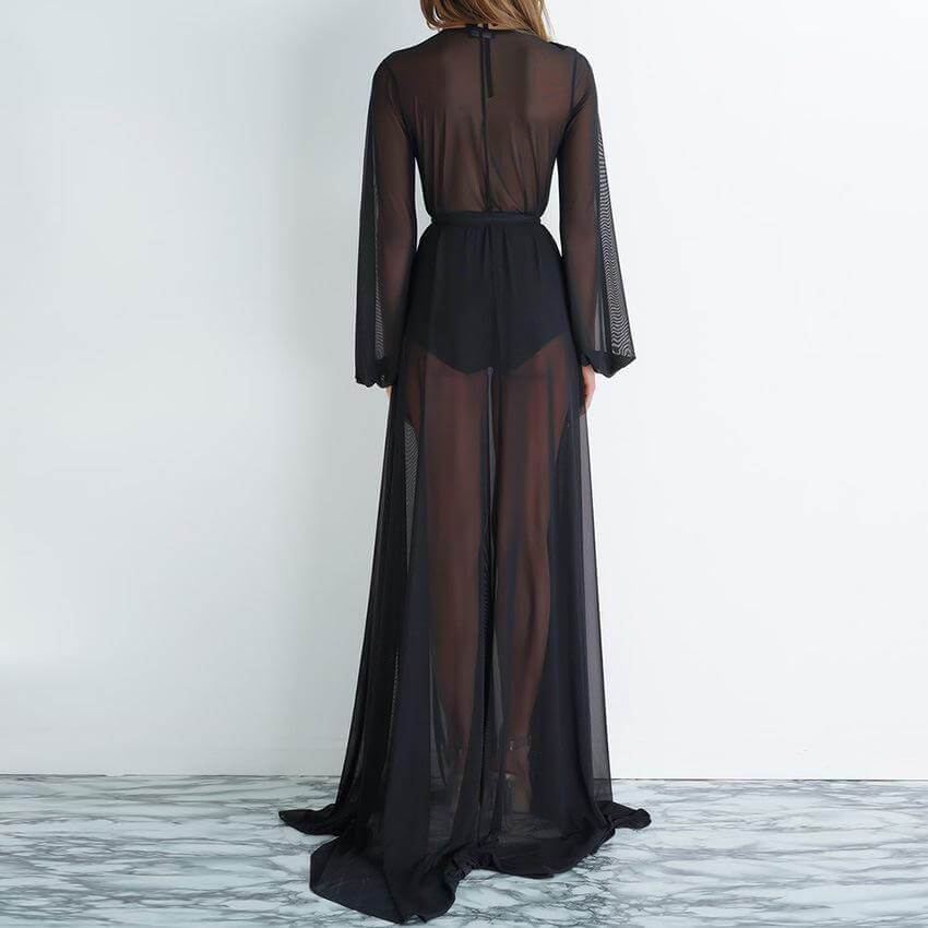 Black Sheer Mesh Long Sleeve Cover Up Dress