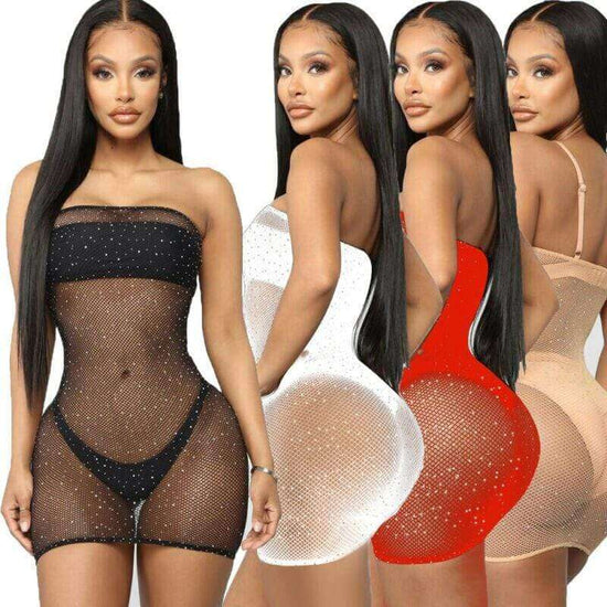 SoHot Swimwear Apparel & Accessories > Clothing > Dresses Black Sheer Net w/ Rhinestones Short Dress Cover Up (Many Colors) White Red Black Nude Sheer Net Rhinestone Short Resort Dress Cover Up