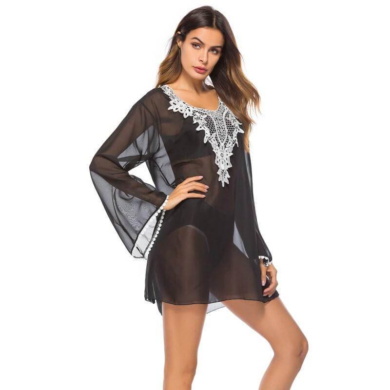 Sexy Black Sheer Lace Long-sleeve Beach Resort Cover Up