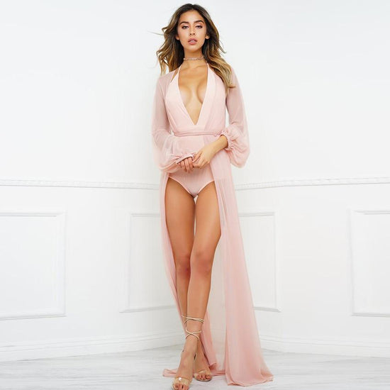 SoHot Swimwear Apparel & Accessories > Clothing > Dresses Nude Sheer Long Beach Cover Up Beige Nude Sheer Long Beach Sun Dress Cover Up Resort Wear
