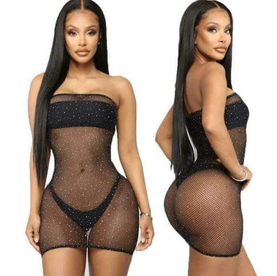 SoHot Swimwear Apparel & Accessories > Clothing > Dresses One Size / Black Black Sheer Net w/ Rhinestones Short Dress Cover Up (Many Colors) White Red Black Nude Sheer Net Rhinestone Short Resort Dress Cover Up