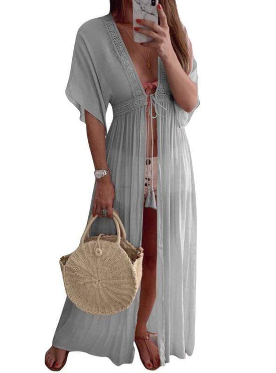 SoHot Swimwear Apparel & Accessories > Clothing > Dresses One Size / Grey Grey Long Beach Resort Cover Up (Yellow also available) 2021 Yellow Grey Gray Long Beach Sun Dress Lace Cover Up Resort Wear