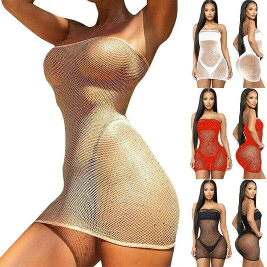SoHot Swimwear Apparel & Accessories > Clothing > Dresses One Size / Nude Black Sheer Net w/ Rhinestones Short Dress Cover Up (Many Colors) White Red Black Nude Sheer Net Rhinestone Short Resort Dress Cover Up