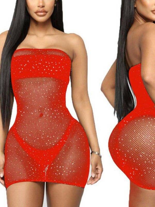 SoHot Swimwear Apparel & Accessories > Clothing > Dresses One Size / Red Black Sheer Net w/ Rhinestones Short Dress Cover Up (Many Colors) White Red Black Nude Sheer Net Rhinestone Short Resort Dress Cover Up